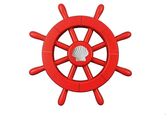 Hampton Nautical Decorative Ship Wheel with Seashell, 12", Red
