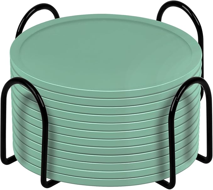 Silicone Coasters Set of 12 with Holder,Heat Resistant Cup Mat Tabletop Protection,Coasters Set for Outdoor & Indoor Drinks - Anti Stain & Heat Resistant,Washable, Heat Resistant, Non-Slip(Green)