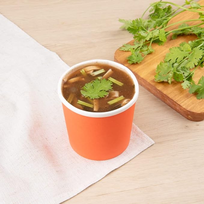Restaurantware Bio Tek 12 Ounce Disposable Soup Cups 200 Microwavable Paper Soup Cups - Vented Lids Sold Separately Hot And Cold Foods Orange Paper To Go Soup Containers For Desserts Or Treats