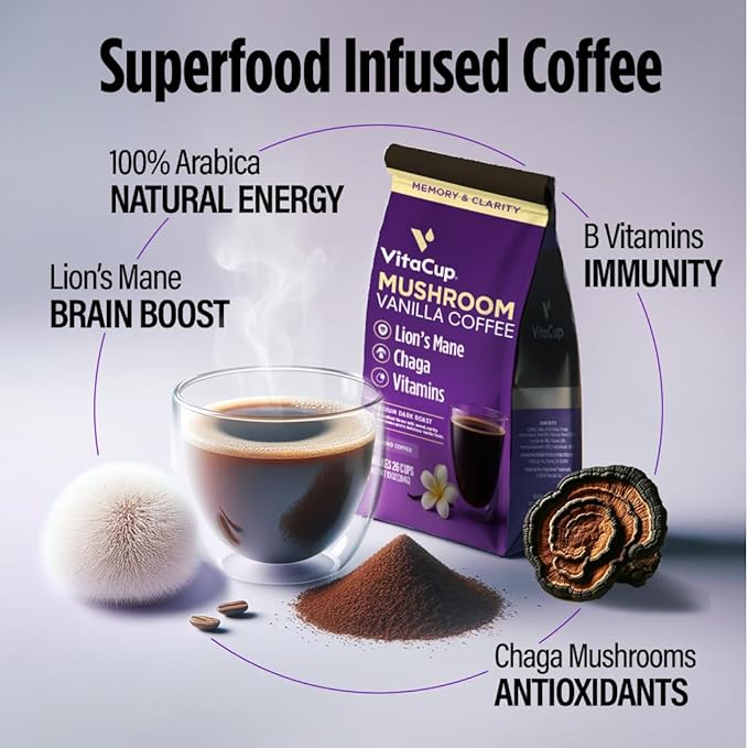 VitaCup Mushroom Coffee Grounds, Vanilla Flavored Coffee with Lions Mane, Chaga, B Vitamins, D3, Boost Focus, Immunity, Memory & Clarity, Medium Dark Roast, 100% Arabica Specialty, 10oz
