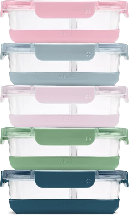 Ello Duraglass Refresh 3.4 Cup Divided Meal Prep Set 10Pc, 5 Pack, 2 Compartment Glass Food Storage Container with Silicone Boot and Airtight BPA-Free Plastic Lids, Dishwasher & Microwave Safe, Glade