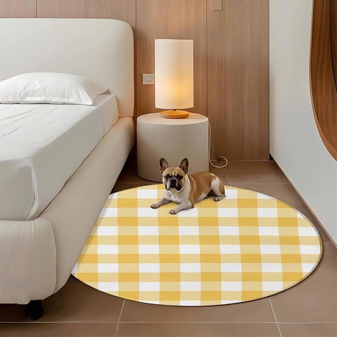 Washable Round Area Rug Rustic Country Yellow and White Buffalo Lattice Checked Circle Rugs Floor Carpet for Living Room Bedroom, Farm Style Soft Non Slip Round Rug 3ft