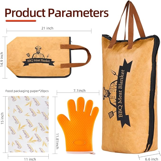 BBQ Meat Resting Bag Brisket Blanket，Heat Resistant Gloves Butcher Paper Combo, 21-Inch Waterproof Resting Bag, Reusable Smoker Grill Accessories Picnic Supplies Grilling Tool Kit