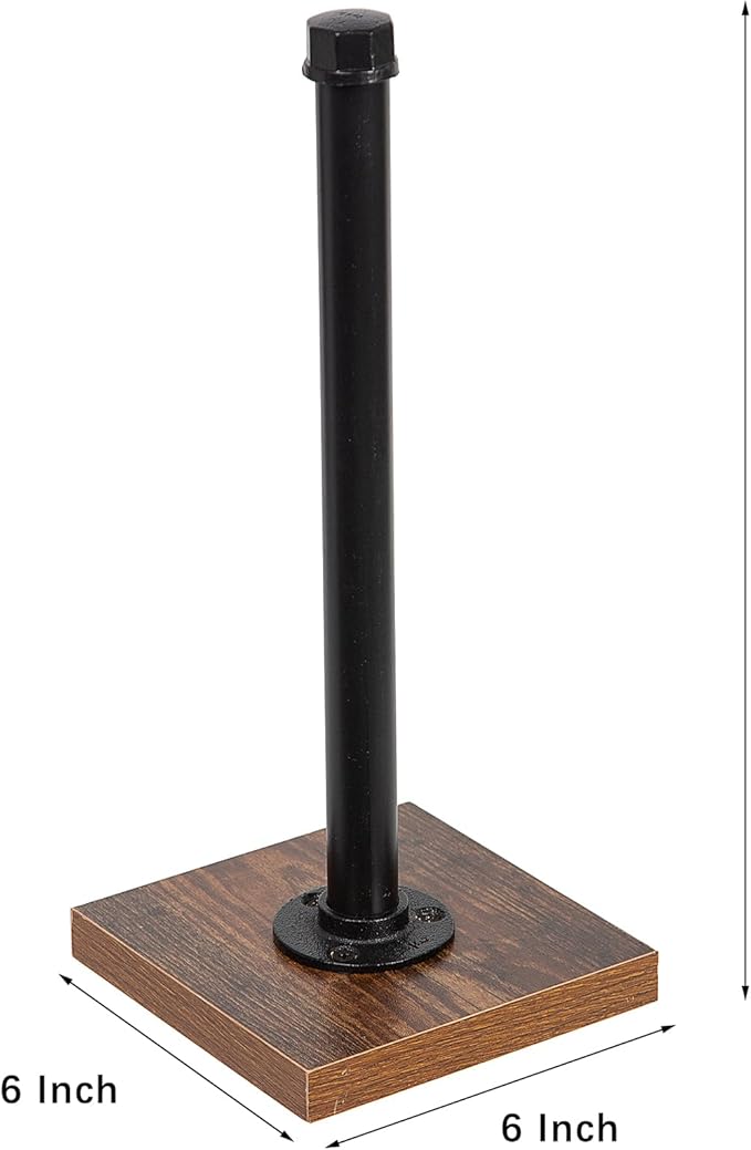 Rustic Industrial Iron Pipe Design Paper Towel Holder with Solid Wood Base Farmhouse Paper Towel Roll Dispenser for Kitchen Bathroom Livingroom Office (Rustic Brown)
