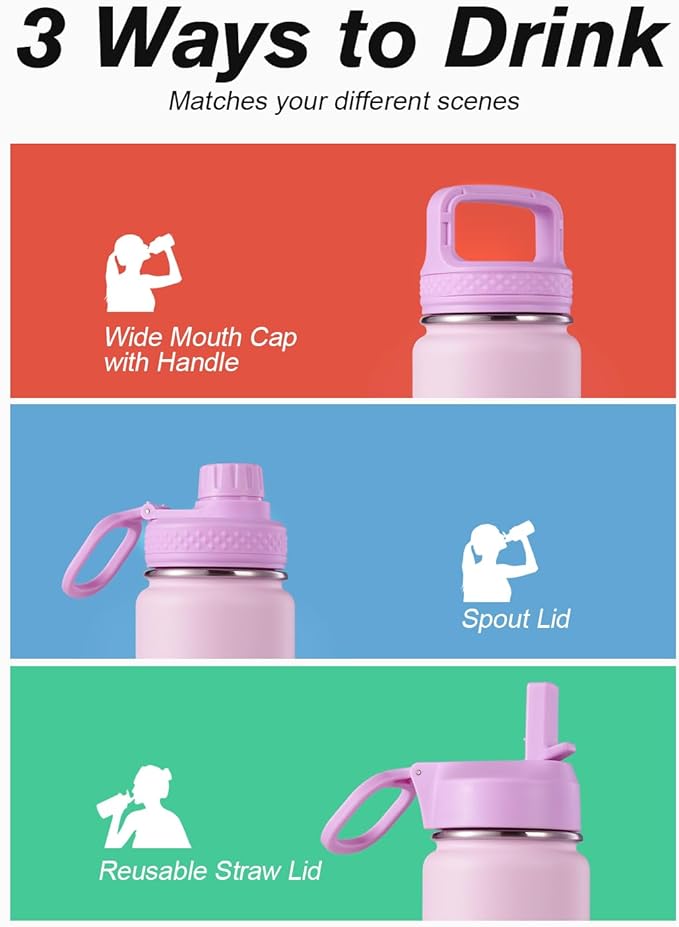 Coolflask Water Bottle 24 oz Insulated with Straw, Stainless Steel Metal 3 Lids Water Flask Wide Mouth for Sports or Office, Non-BPA Keep Cold Up to 48 Hrs or Hot Up to 24 Hrs, Pink