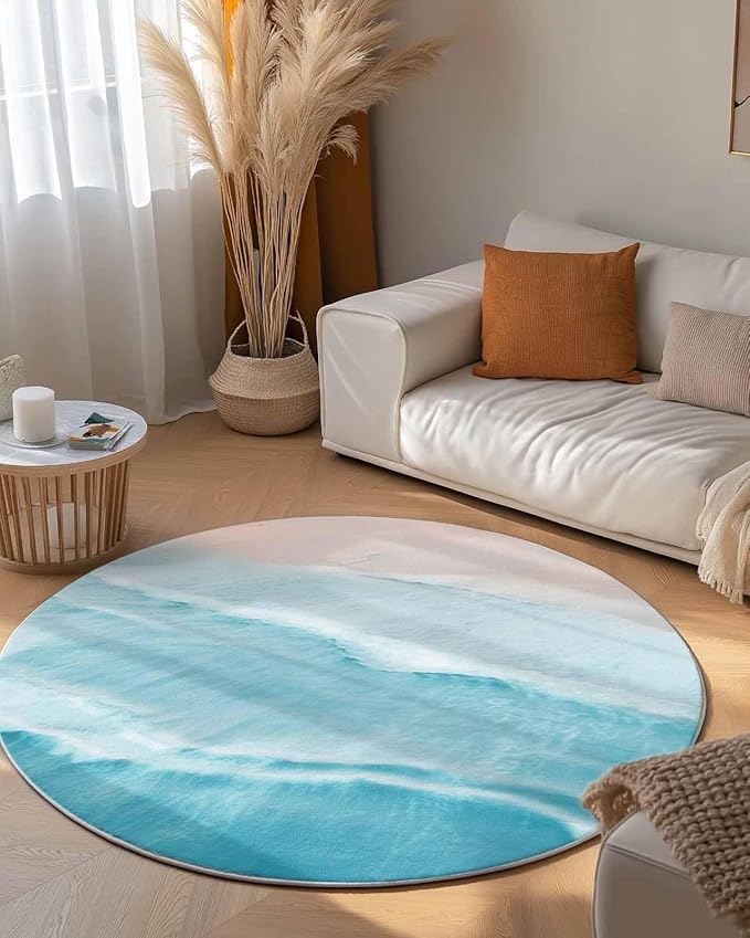 Round Area Rug,Summer Beach Blue Wave Water Ripple Circle Living Room Rug Non-Slip Rugs Indoor Carpet,Seaside Coastal Nautical Soft Comfort Rugs for Bedroom KidsRoom Nursery