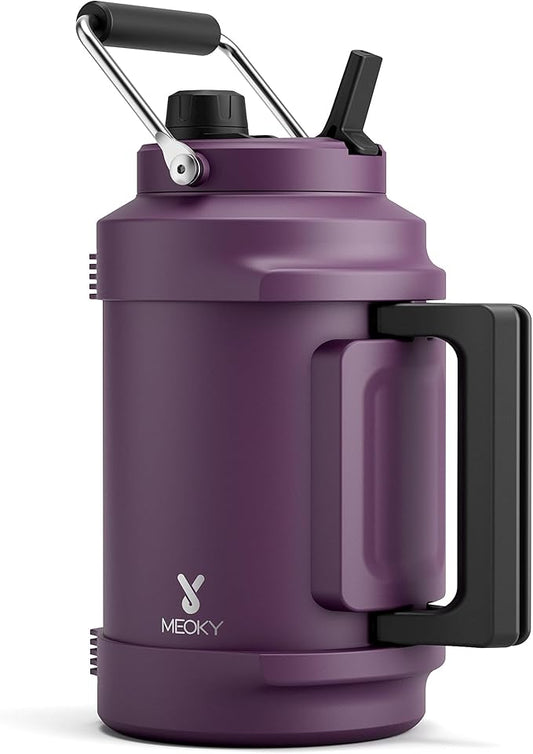 1 Gallon Insulated Water Bottle for Sports: Meoky 128 oz Triple Wall Vacuum Stainless Steel Water Jug - Top and Side Handles, Cold for 48 Hrs, 2-in-1 Straw and Spout Lid, Leak Proof for Hiking (Plum)