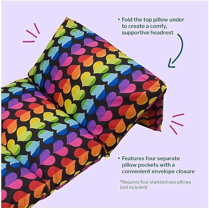 Wildkin Kids Pillowcase Lounger Cover – Travel-Friendly Sleepover Lounger, Fits Standard Pillows (Pillows Not Included), Soft Cotton Blend, Fun Patterns for Boys & Girls - Rainbow Hearts