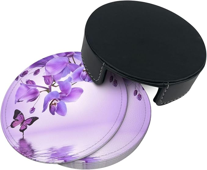 Famame 6 Pcs Orchid Purple Butterfly Leather Coasters for Drinks with Holder Coaster Sets Drink Table Cup Coasters for Living Room Kitchen Coffee Decor