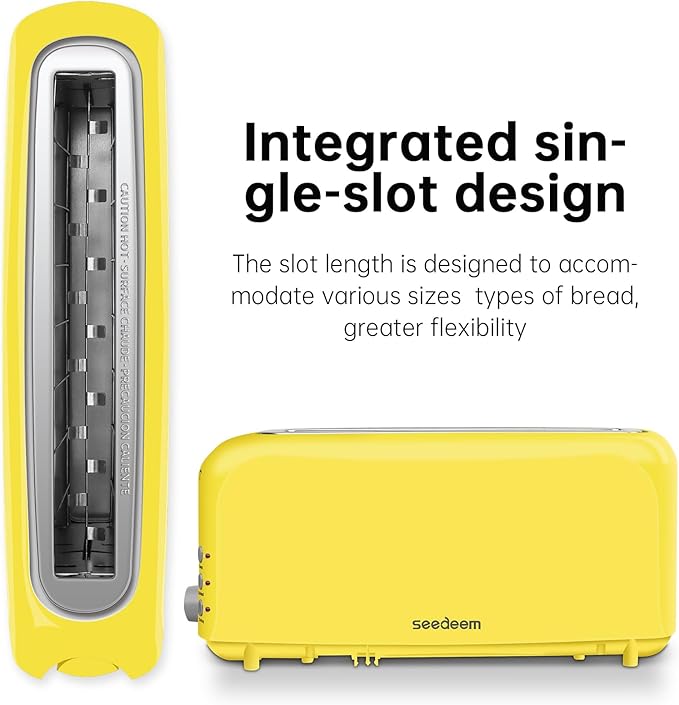 SEEDEEM 2 Slice Slim Toaster, Single 10" Long Slot Toaster Fits Bagels & Artisan Bread, 6 Shade Settings, Cancel/Reheat/Defrost, Removable Crumb Tray, Auto Shut-Off, Yellow