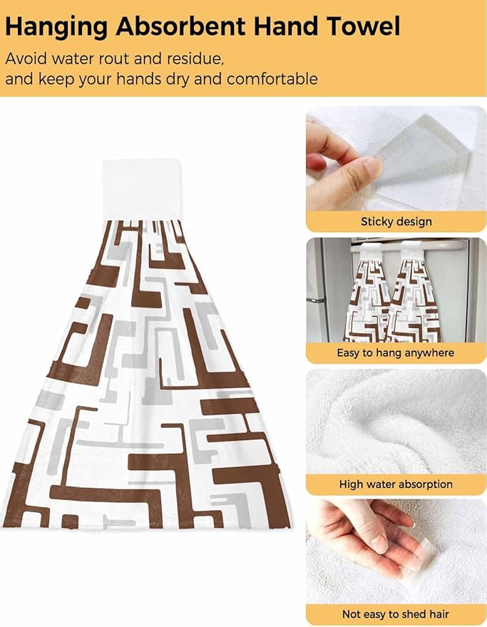 Alandar Home Kitchen Tie Towel Set of 2, Geometric Brown Gray Stripes Absorbent Soft Hand Towels for Bathroom Hanging Towels, Modern Abstract Texture Fast Drying Cleaning Cloth with Loop