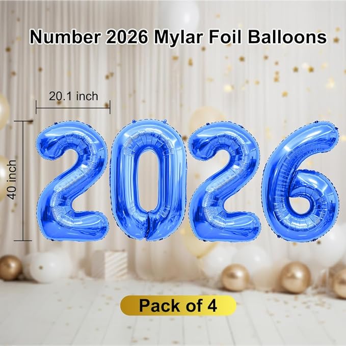 2026 Balloons 40 Inch 2026 Balloon Numbers Blue for New Years Nye Decorations Royal Blue New Years Balloons Mylar Foil Happy New Year Balloon for Class of 20 26 Graduation Decor Party Supplies