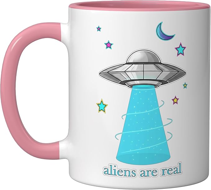 Aliens Are Real Retro UFO Flying Saucer Beam Space Ceramic Mug, Pink/White
