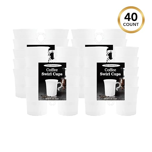 Party Essentials Elegance Plastic Coffee Cup/Tea Mug/Punch Cup w/Handle, 40 Count, 8-Ounce, White