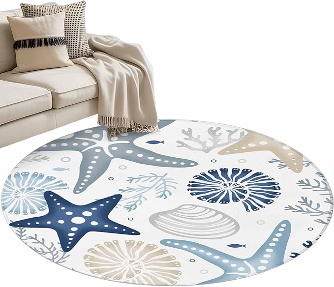 Washable Round Area Rug Ocean Starfish Shell Conch Circle Rugs Floor Carpet for Living Room Bedroom, Sea Blue Coral Seamless Soft Non Slip Round Rug 4ft