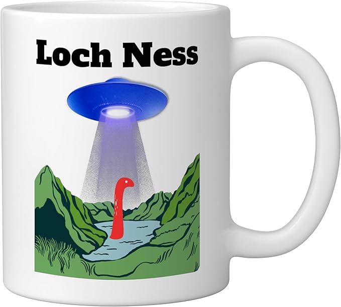 Funny UFO Loch Ness flying saucer Monster Nessie Scotland Ceramic Mug, White