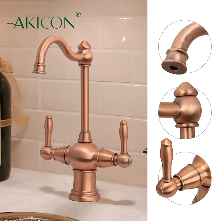 Akicon Two-Handles Copper Drinking Water Filter Faucet, Dual Lever Hot and Cold Water Faucet for Instant Hot Water Tank Dispenser & Filtration System (Classical Style)