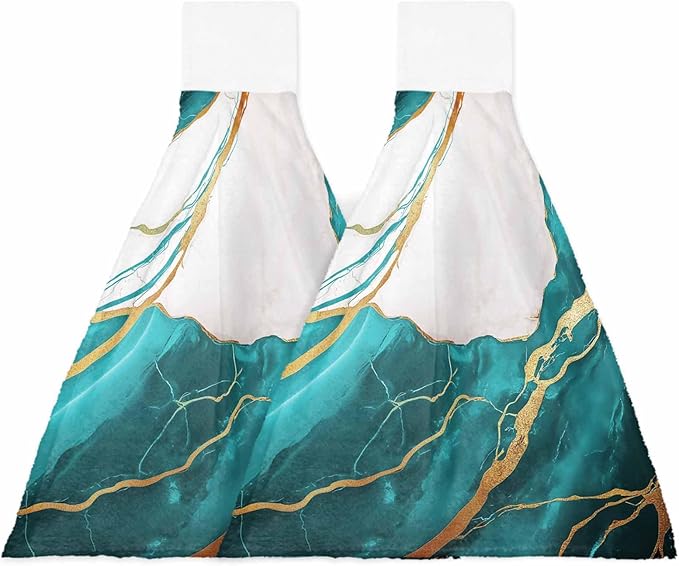 Alandar Home Kitchen Tie Towel Set of 2, White Marble Watercolor Gradient Absorbent Soft Hand Towels for Bathroom Hanging Towels, Gold Crack Abstract Art Fast Drying Cleaning Cloth with Loop