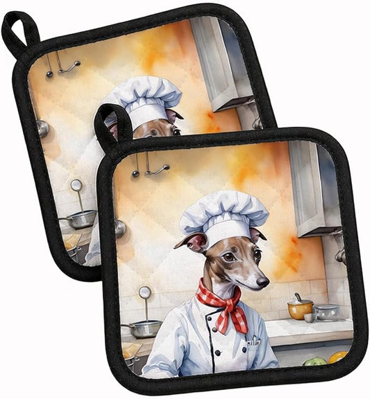 Caroline's Treasures Italian Greyhound The Chef Pair of Pot Holders Kitchen Heat Resistant Pot Holders Sets Oven Hot Pads for Cooking Baking BBQ, 7 1/2 x 7 1/2