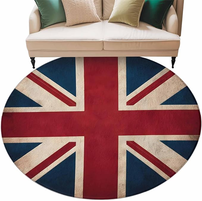 Washable Round Area Rug Vintage Union Jack Flag Circle Rugs Floor Carpet for Living Room Bedroom, Reerto Flags of The United Kingdom Soft Non Slip Round Rug 5ft