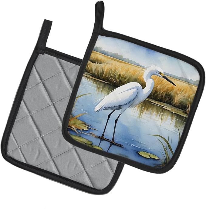 Caroline's Treasures Snowy Egret in Coastal Marshes Pair of Pot Holders Kitchen Heat Resistant Pot Holders Sets Oven Hot Pads for Cooking Baking BBQ, 7 1/2 x 7 1/2