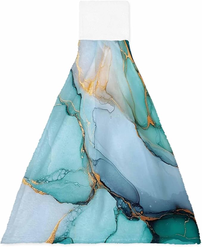 Alandar Home Kitchen Tie Towel Set of 1, Teal Green Turquoise Gold Marble Texture Absorbent Soft Hand Towels for Bathroom Hanging Towels, Abstract Modern Art Fast Drying Cleaning Cloth with Loop