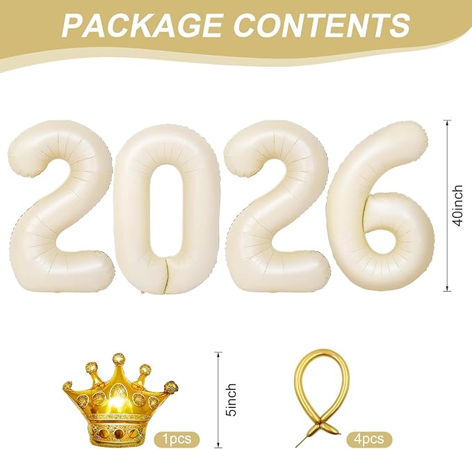 2026 Balloons Beige,40 Inch 2026 Number Balloons with Foil Crown Balloons for Happy New Year Decorations New Years Eve 2026 Graduation Decorations Class of 2026 Party Supplies