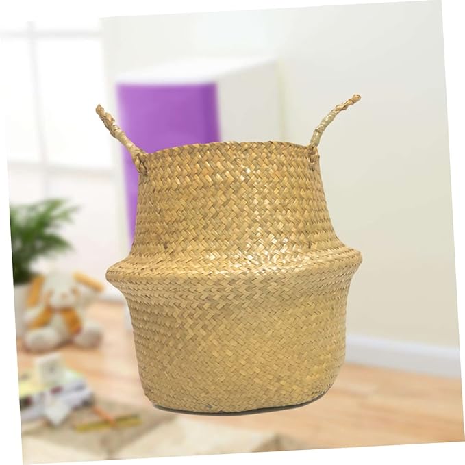 Handmade Foldable Seaweed Storage Basket Woven Decorative Basket for Organizing Clothes Toys and Plants Small Yellow