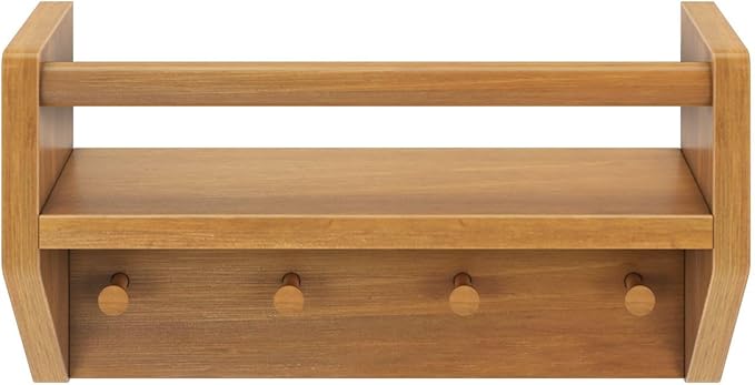Max & Lily Wall Shelf with Pegs, 16 Inch Floating Bookshelf for Kids Room, Solid Wood Wall-Mounted Storage Shelf with Hooks for Backpacks, Jackets & Décor, Pecan