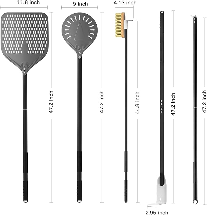 G.a HOMEFAVOR 5-Piece Pizza Tool Set - 12"×15" Perforated Aluminum Pizza Peel, 9" Round Turning Peel, Pizza Oven Cleaning Brush, Ash Rake, Pizza Fork, Pizza Oven Accessories, Pizza Kit for Pizza Lover