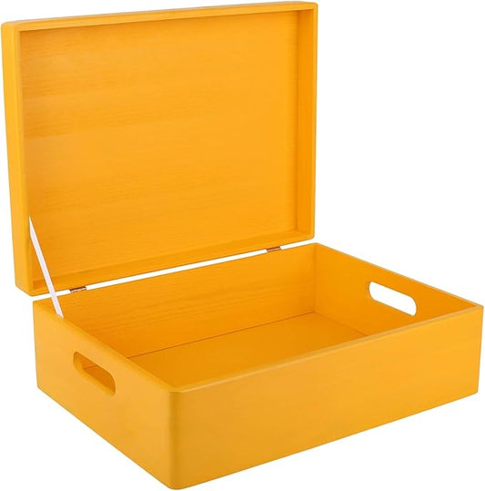 Creative Deco XL Yellow Wooden Box Storage with Hinged Lid | 15.8x11.8x5.5in (+-0.5) | Keepsake with Handles | Gift Box for Tool Dog Toy Kitchen Storage | Wood Chest Trunk