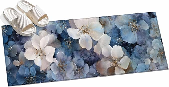 Runner Rug for Bedroom Hallway, Watercolor White Navy Blue Floral Foliage Kitchen Runner Rugs Area Rug 2x6ft, Abstract Flower Washable Soft Floor Carpet for Entryway Stair