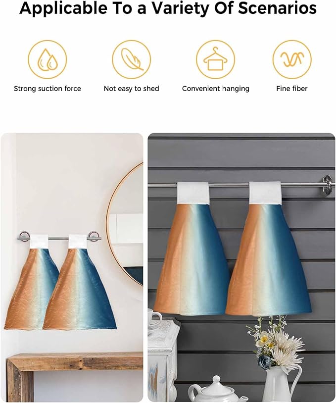 Alandar Home Kitchen Tie Towel Set of 2, Gradient Orange Blue Watercolor Absorbent Soft Hand Towels for Bathroom Hanging Towels, Modern Abstract Style Fast Drying Cleaning Cloth with Loop