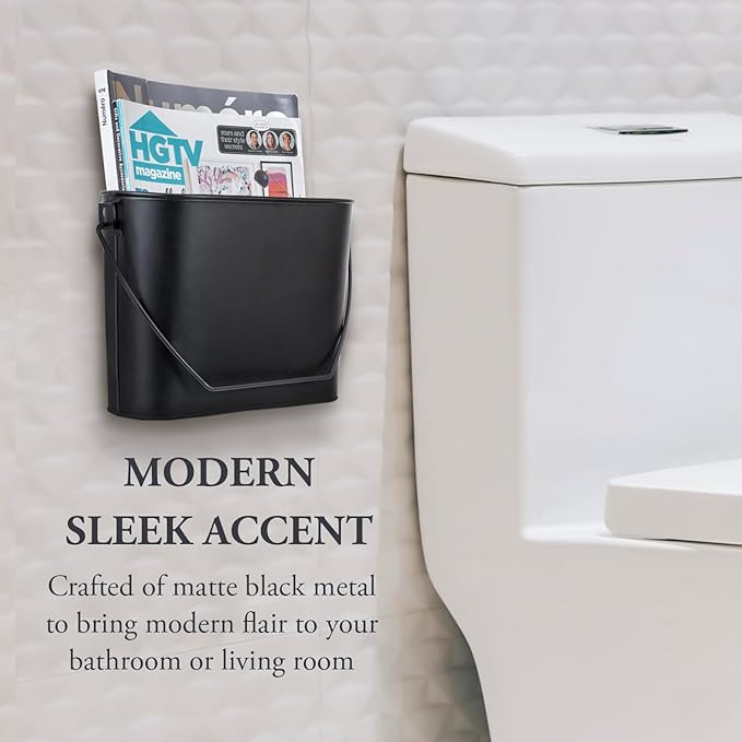 MyGift Modern Industrial Matte Black Metal Wall Mountable Bathroom Magazine Holder, Hanging or Tabletop Bucket Style Storage Bin - Handcrafted in India