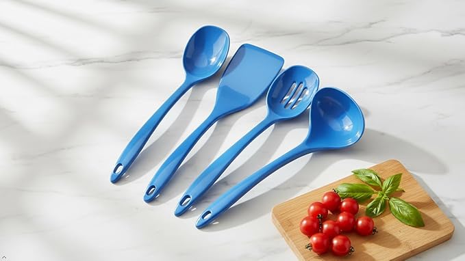 Reston Lloyd 100% Melamine Kitchen Utensil Set, Non Scratching Ladle, Spoon, Slotted Spoon & Spatula, Easy To Hold, Set of 4, Azure