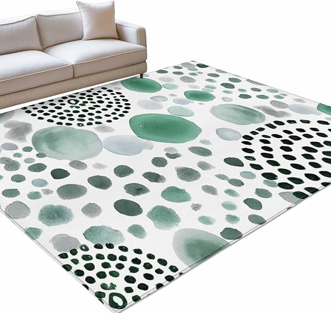 Area Rug 3x5ft, Abstract Teal Circles Washable Rugs for Living Room Bedroom, Sage Green Geometric Round Soft Non-Slip Area Rugs Rectangle Floor Carpet for Dining Room