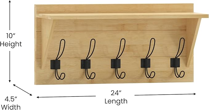 Flash Furniture Daly Wall Mounted Storage Rack - Bamboo Solid Pine Wood - 24 Inch - Upper Shelf and 5 Hooks - For Entryway, Kitchen, Bathroom