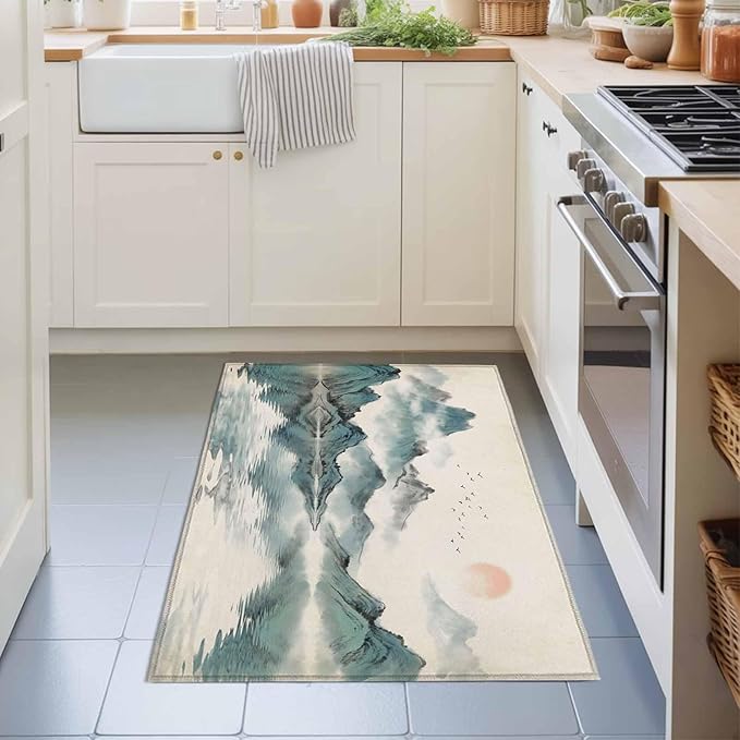 Area Rug 2x3ft, Chinese Zen Landscape Ombre Washable Rugs for Living Room Bedroom, Abstract Mountain Lake Soft Non-Slip Area Rugs Rectangle Floor Carpet for Dining Room
