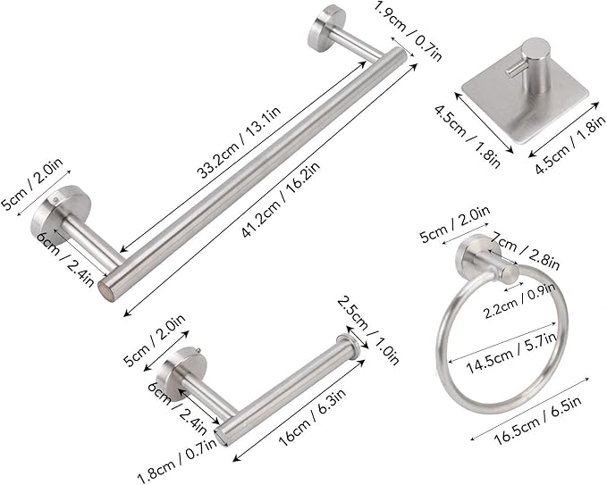 Tyenaza Towel Bar, Bathroom Hardware Set with Towel Rings Towel Bar Tissue Holder 5 Hooks 304 Stainless Steel, for Bathroom, Kitchen, Living Room
