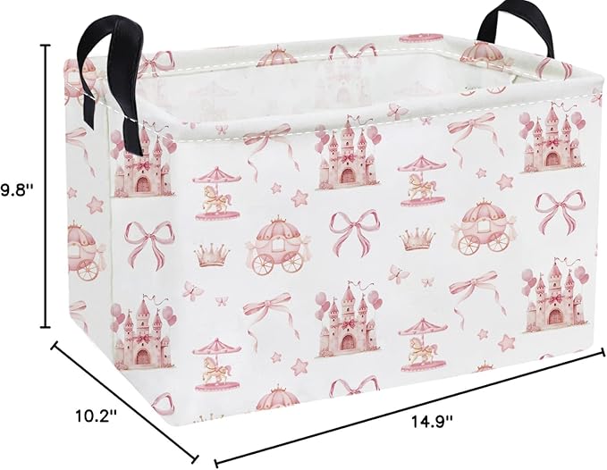 Essme Rectangular Pink Baskets,Girls Storage Box,Cute Basket for Kids with Handles for Room Decor, Book Bins,Shelf Basket.(Castle)