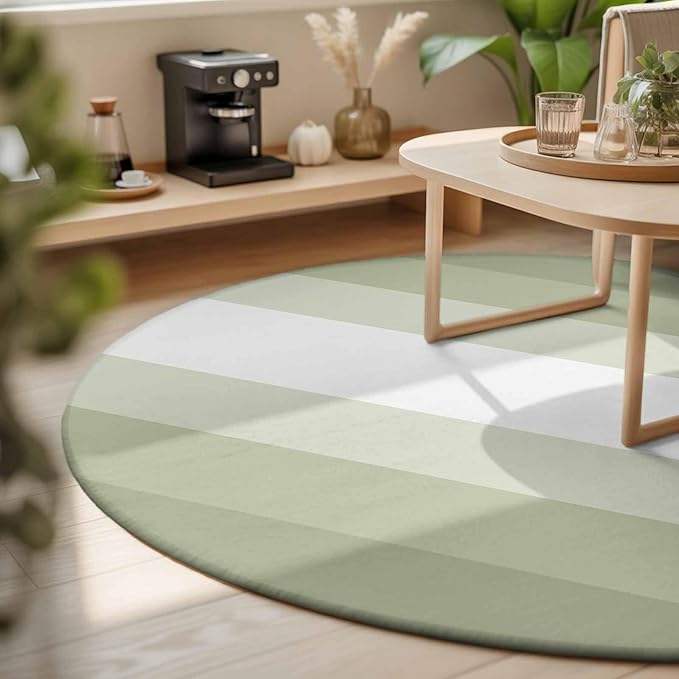Washable Round Area Rug Modern Sage Green Gradient Style Circle Rugs Floor Carpet for Living Room Bedroom, Farmhouse Ombre Stripe Soft Non Slip Round Rug 3ft