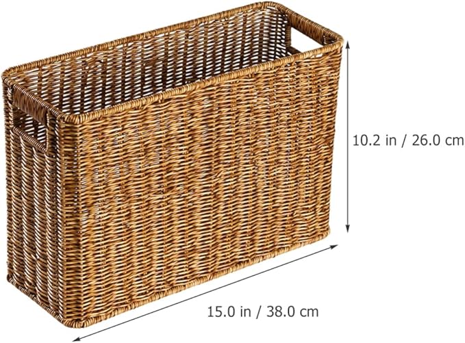 Happyyami Hand-Woven Magazine Basket Magazine Wicker Basket Rattan Magazine Holder Desk Storage Baskets with Handle for Bathroom Office