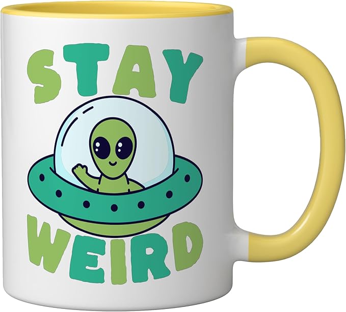 Cute Alien Stay Weird UFO Extraterrestrial Space Ceramic Mug, Yellow/White