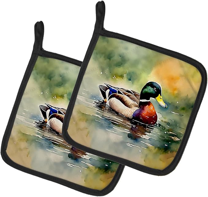 Caroline's Treasures Mallard Pair of Pot Holders Kitchen Heat Resistant Pot Holders Sets Oven Hot Pads for Cooking Baking BBQ, 7 1/2 x 7 1/2