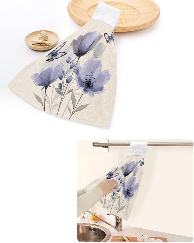 Alandar Home Kitchen Tie Towel Set of 1, Watercolor Purple Flowers Butterfly Absorbent Soft Hand Towels for Bathroom Hanging Towels, Blossom on Vintage Linen Fast Drying Cleaning Cloth with Loop