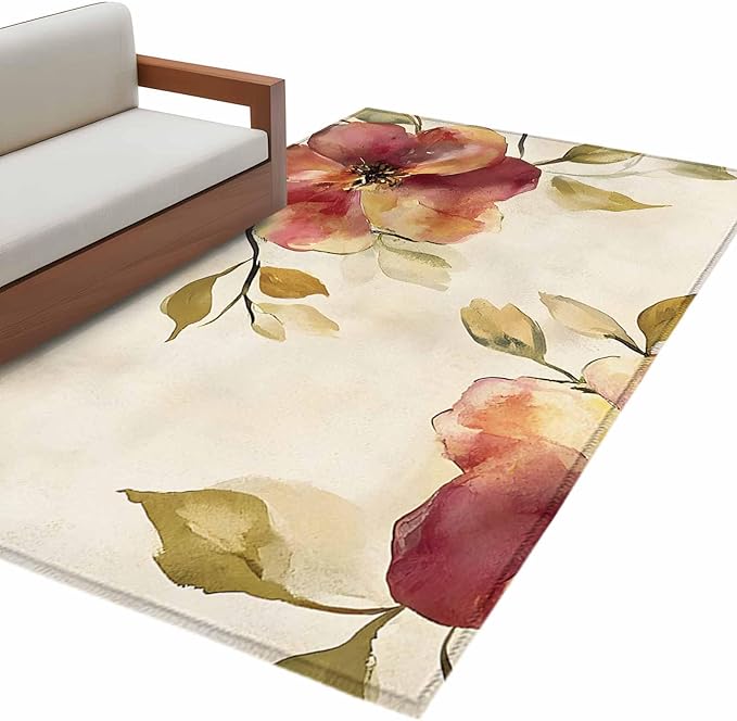 Area Rug 4x6ft, Oil Painting Style Flowers Washable Rugs for Living Room Bedroom, Vintage Country Floral Soft Non-Slip Area Rugs Rectangle Floor Carpet for Dining Room