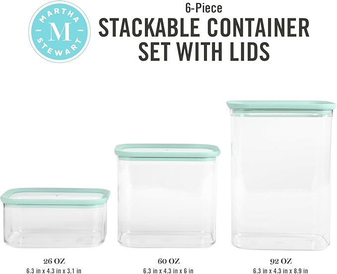Martha Stewart Langstaff 6 Piece 92 oz, 60 oz, 26 oz Stackable Rectangular Container Set w/Martha Blue Lid