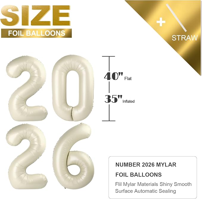2026 Number Balloons, 40 Inch Balloon, New Years Eve Decorations, Cream White Balloons for New Years Eve Party Supplies 2026, Graduation Decoration, 2 6 20 26 Birthday Parties