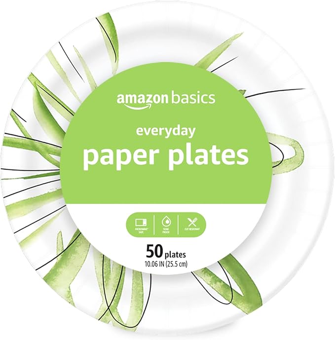 Amazon Basics Everyday Disposable Paper Plates, 10 Inch, Microwave-Safe, Cut Resistant, Soak-Proof, 50 Count
