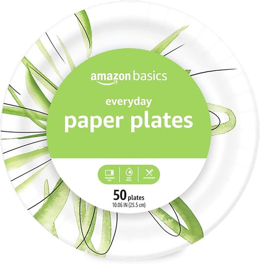 Amazon Basics Everyday Disposable Paper Plates, 10 Inch, Microwave-Safe, Cut Resistant, Soak-Proof, 50 Count